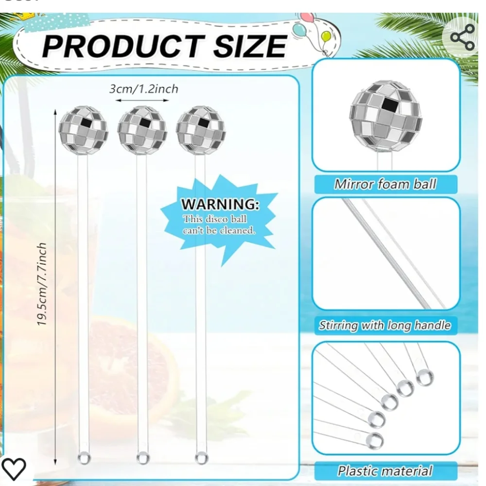 Disco Party Ball Drink Stirrer Round Top Swizzle Sticks 80 pieces